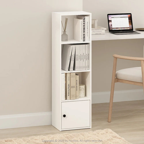 Librería de pie de 4 niveles con armario de almacenamiento de 1 puerta, blanca