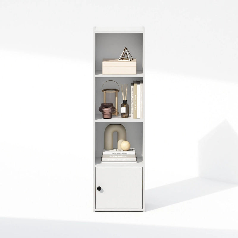 Librería de pie de 4 niveles con armario de almacenamiento de 1 puerta, blanca
