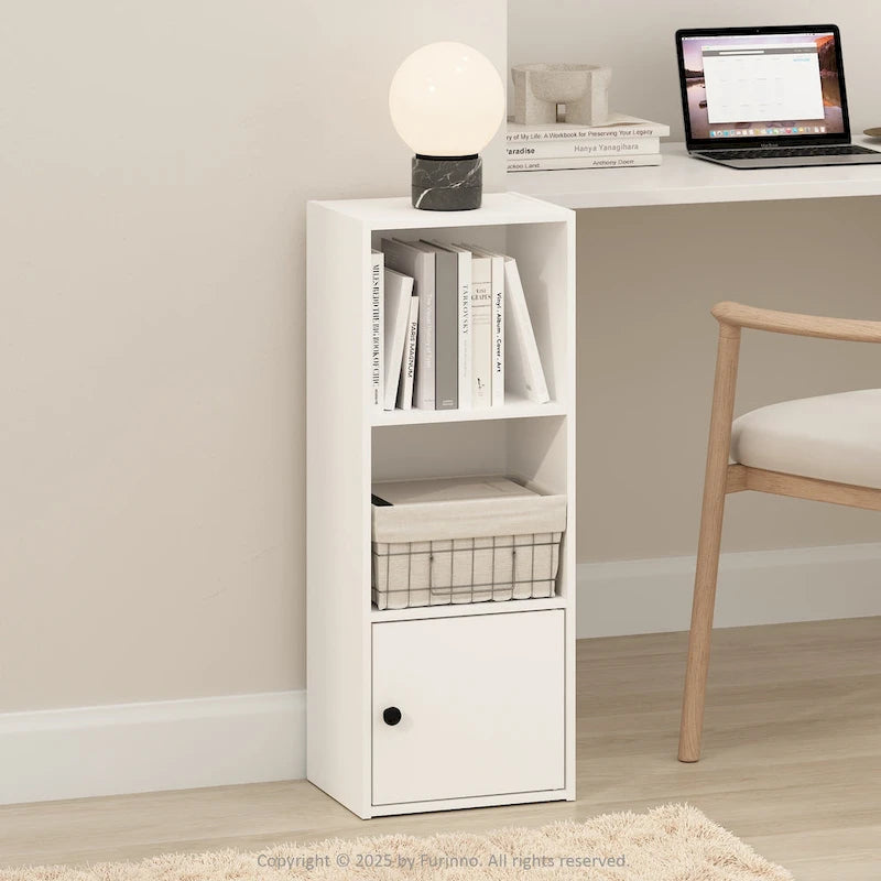 Librería de pie de 3 niveles con armario de almacenamiento de 1 puerta, blanca