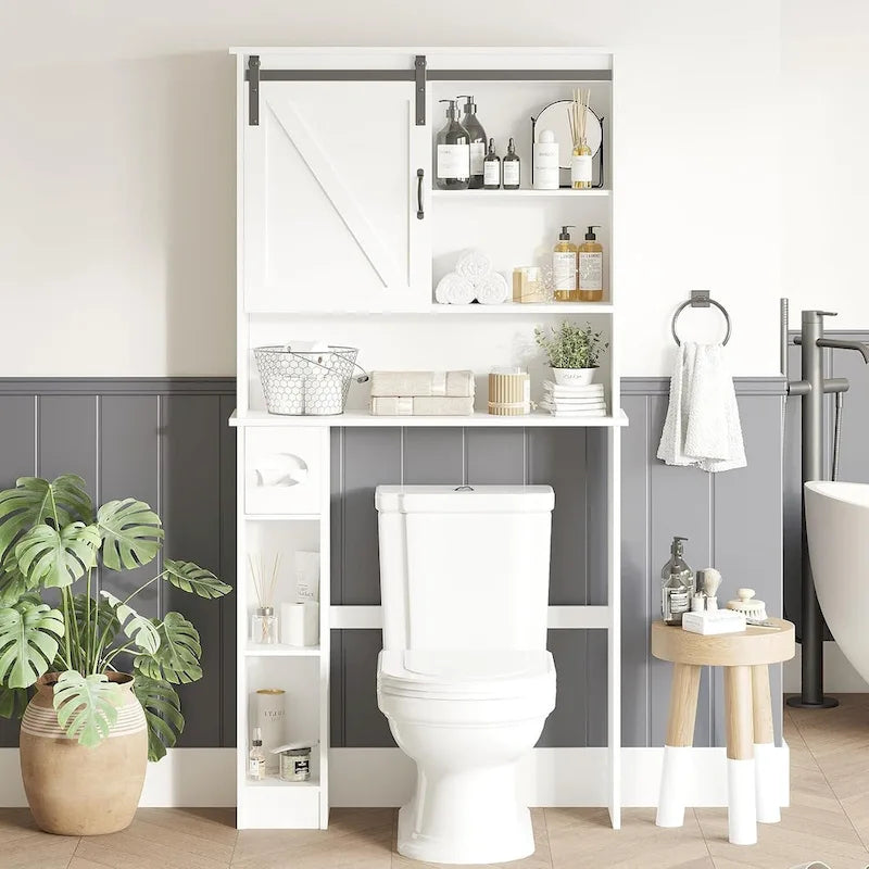 Stauraumschrank über der Toilette mit Schiebetür, weißer Schrank zur Aufbewahrung über der Toilette