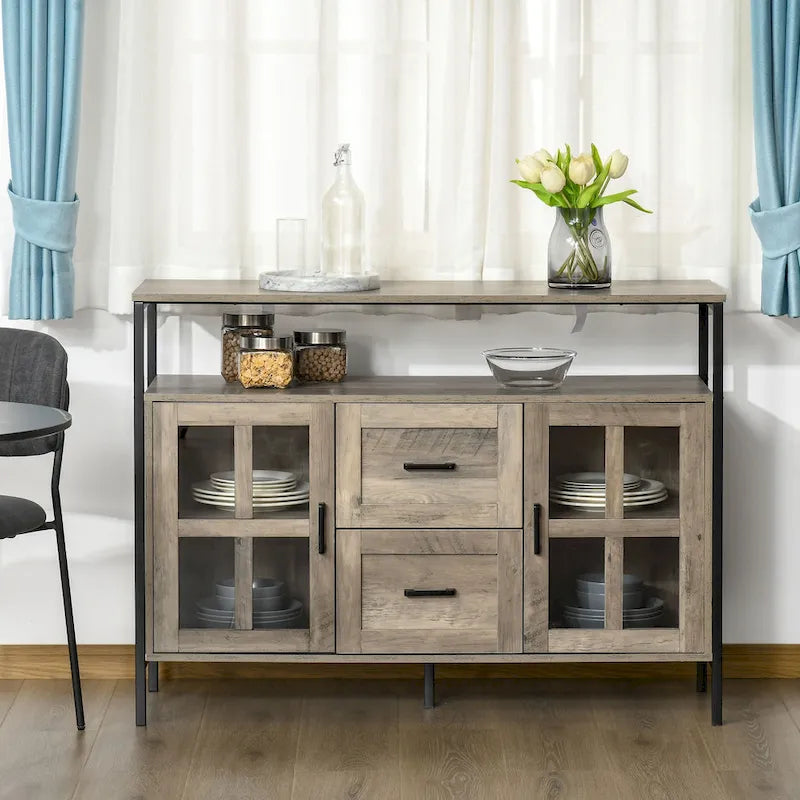 HOMCOM Rustic Kitchen Sideboard, Serving Buffet Cabinet with Adjustable Shelves, Glass Doors, and 2 Drawers