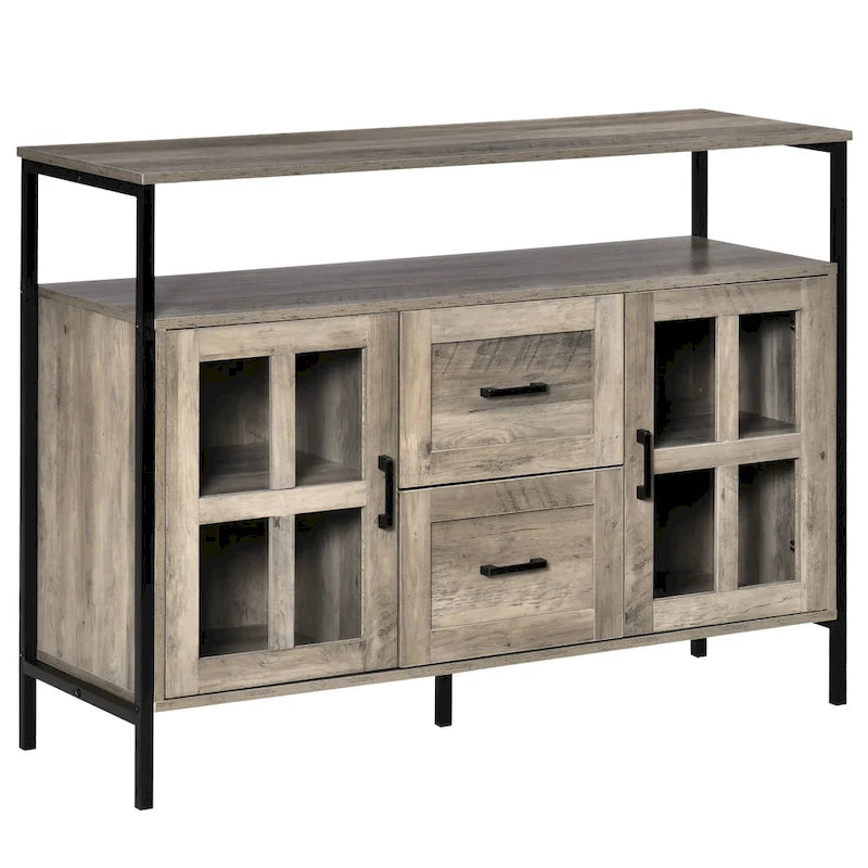 Buffet rustique de cuisine avec étagères réglables, portes vitrées et 2 tiroirs