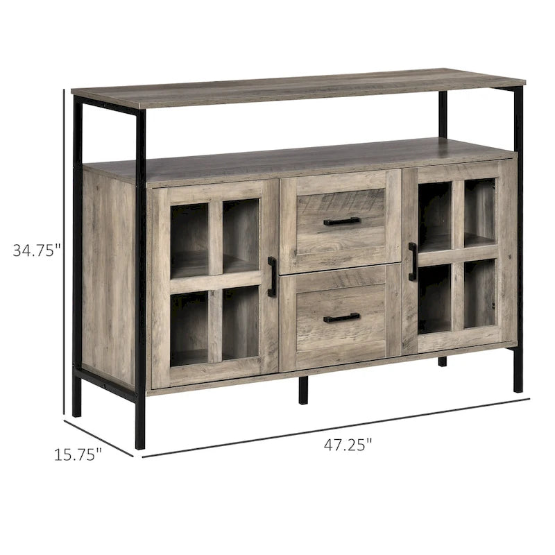 Buffet rustique de cuisine avec étagères réglables, portes vitrées et 2 tiroirs