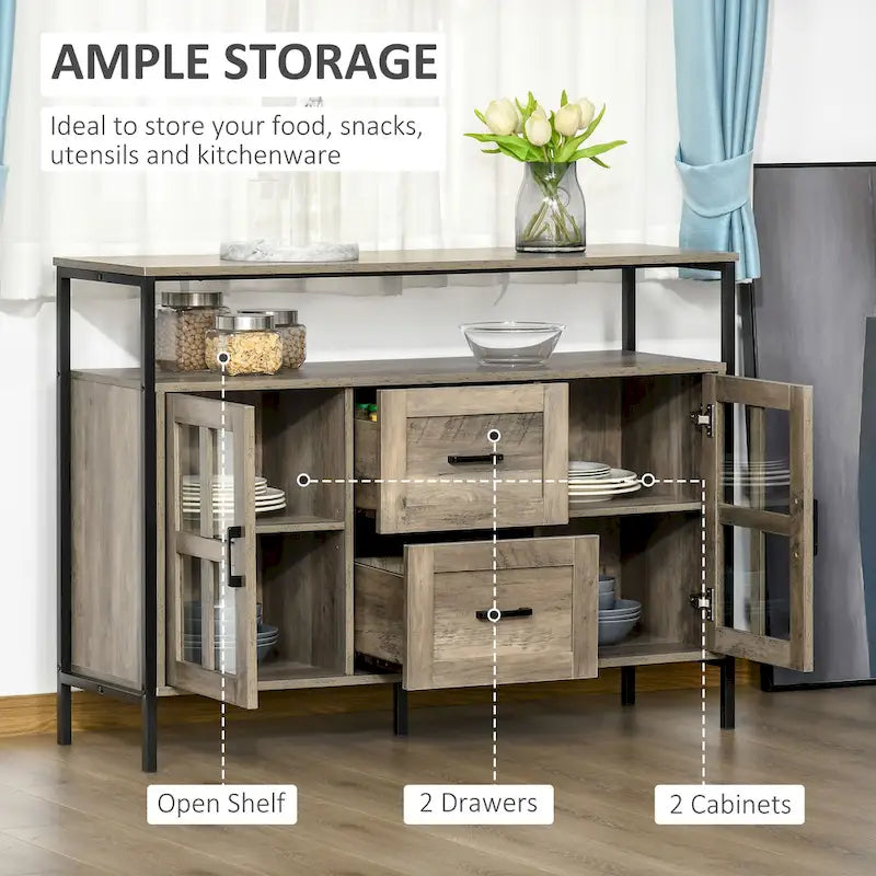 Buffet rustique de cuisine avec étagères réglables, portes vitrées et 2 tiroirs