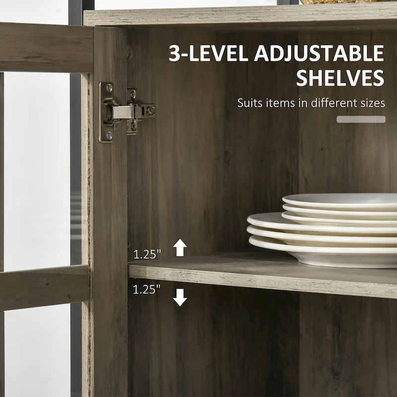 Buffet rustique de cuisine avec étagères réglables, portes vitrées et 2 tiroirs