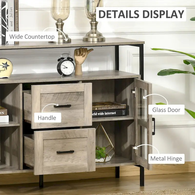 Buffet rustique de cuisine avec étagères réglables, portes vitrées et 2 tiroirs