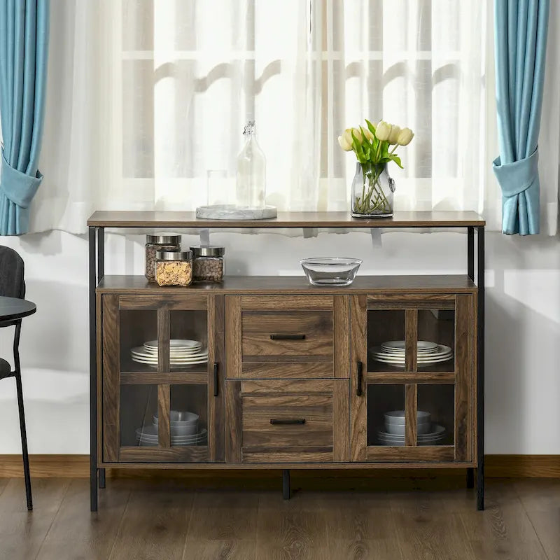 Buffet rustique de cuisine avec étagères réglables, portes vitrées et 2 tiroirs