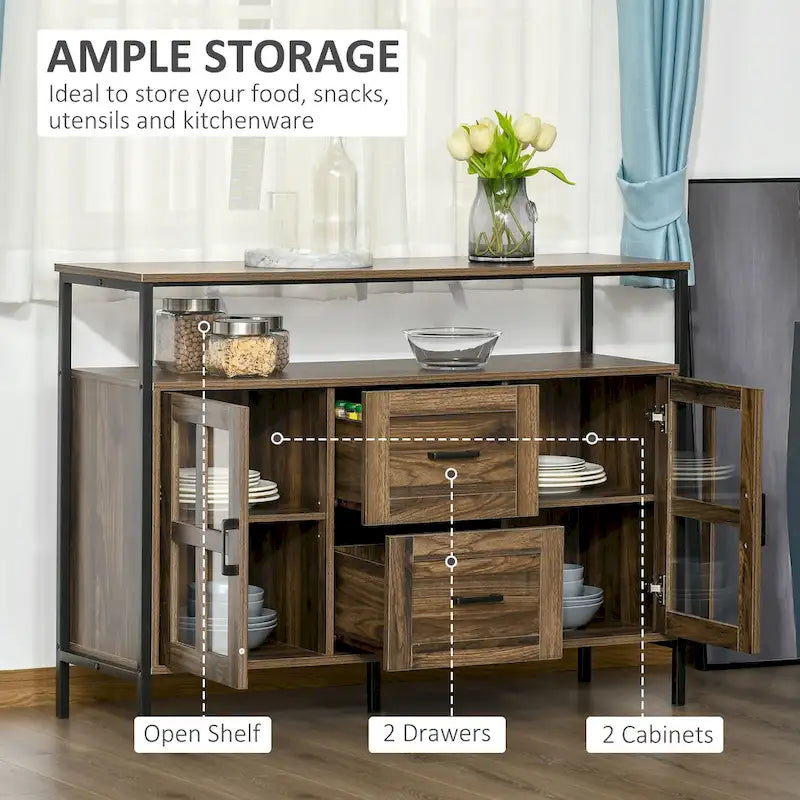 Buffet rustique de cuisine avec étagères réglables, portes vitrées et 2 tiroirs