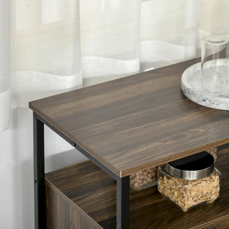 Buffet rustique de cuisine avec étagères réglables, portes vitrées et 2 tiroirs
