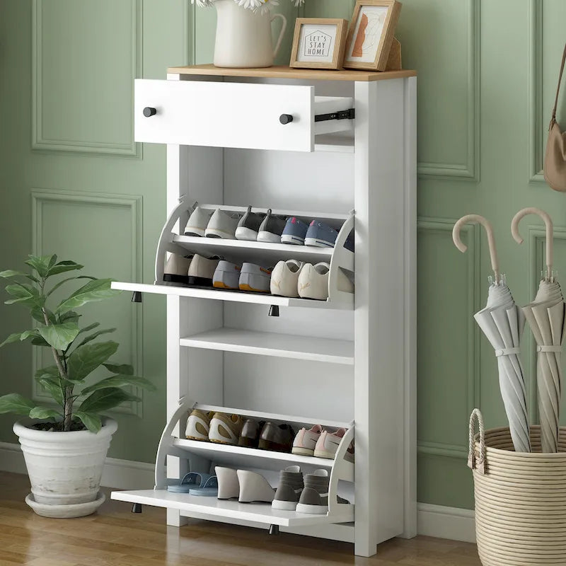 Wood Shoe Cabinet with 2 Flip Drawers and Adjustable Panel