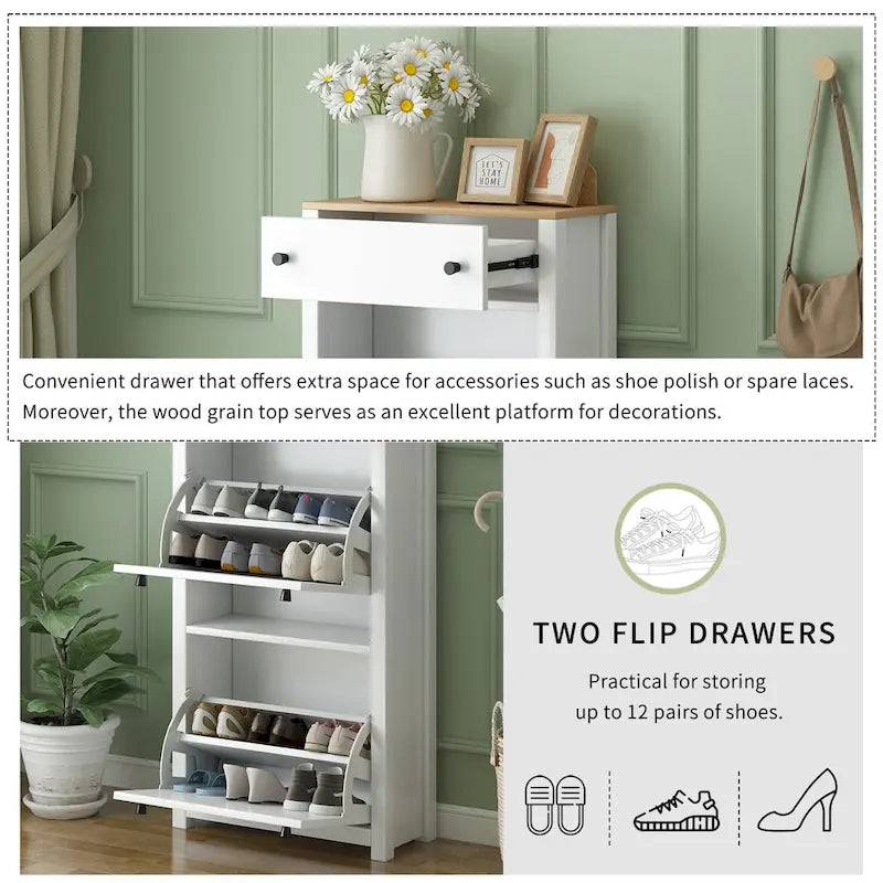 Meuble à chaussures en bois avec 2 tiroirs basculants et panneau réglable