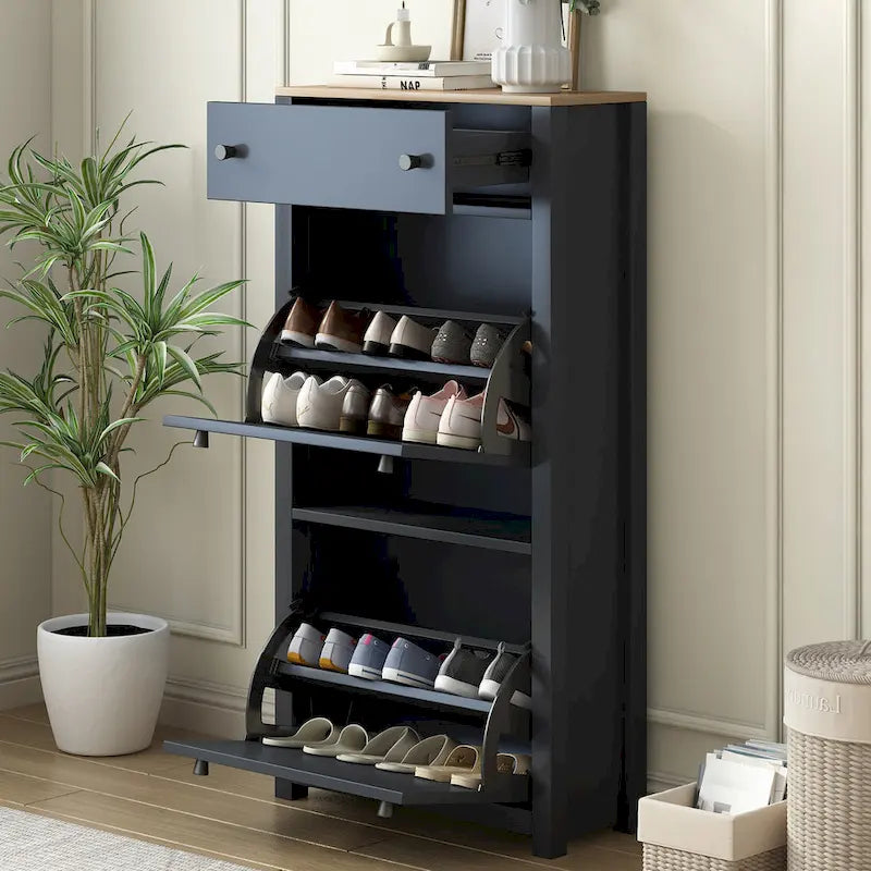 Meuble à chaussures en bois avec 2 tiroirs basculants et panneau réglable