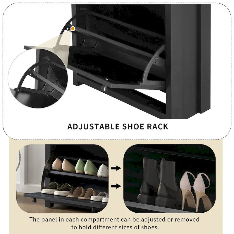 Meuble à chaussures en bois avec 2 tiroirs basculants et panneau réglable
