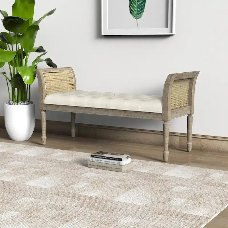 Dilwen Wooden Tufted Upholstered Bench with High Flared Rattan Arms