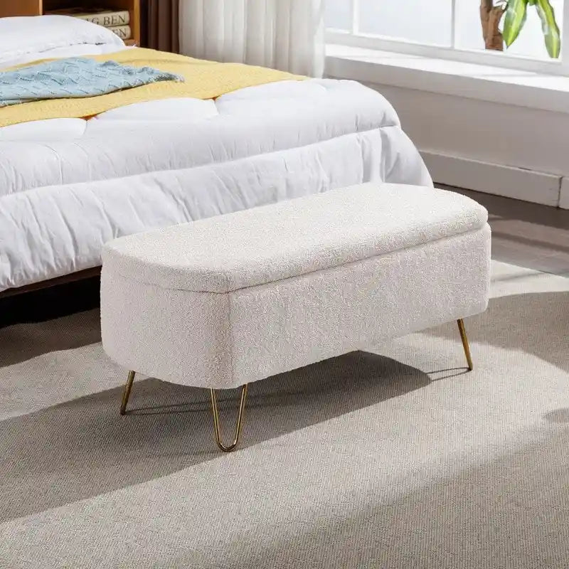 39 White Boucle Storage Ottoman Bench for Living Room Bedroom,Sherpa Storage Bench Ottoman Foot Rest for Bedroom Oval Gold Leg