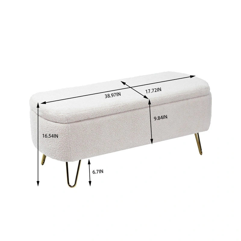 39 Stauraumbank aus weißem Bouclé für Wohn- und Schlafzimmer, Stauraumbank aus Sherpa-Stoff mit Fußablage fürs Schlafzimmer, oval, mit goldenen Beinen