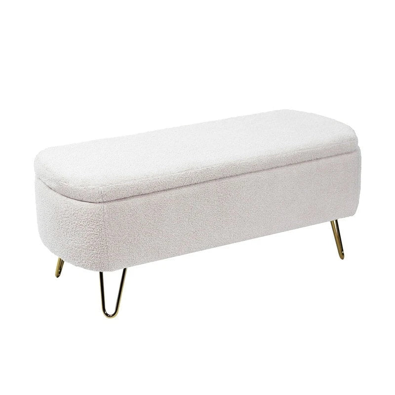 39 Stauraumbank aus weißem Bouclé für Wohn- und Schlafzimmer, Stauraumbank aus Sherpa-Stoff mit Fußablage fürs Schlafzimmer, oval, mit goldenen Beinen