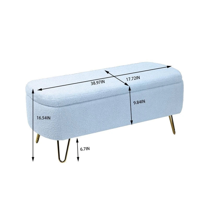 39 Stauraumbank aus weißem Bouclé für Wohn- und Schlafzimmer, Stauraumbank aus Sherpa-Stoff mit Fußablage fürs Schlafzimmer, oval, mit goldenen Beinen