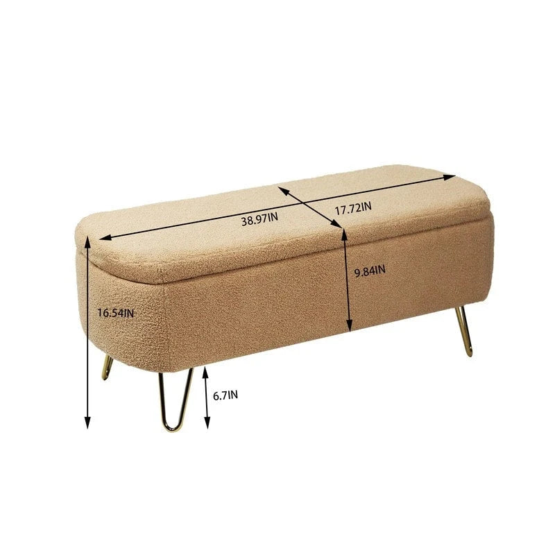 39 Stauraumbank aus weißem Bouclé für Wohn- und Schlafzimmer, Stauraumbank aus Sherpa-Stoff mit Fußablage fürs Schlafzimmer, oval, mit goldenen Beinen