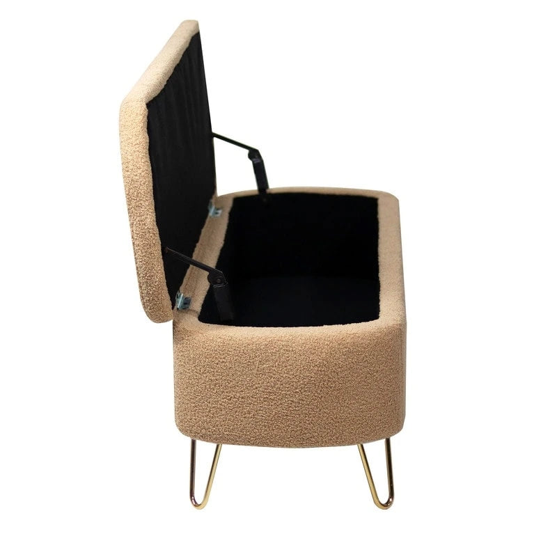 39 Stauraumbank aus weißem Bouclé für Wohn- und Schlafzimmer, Stauraumbank aus Sherpa-Stoff mit Fußablage fürs Schlafzimmer, oval, mit goldenen Beinen