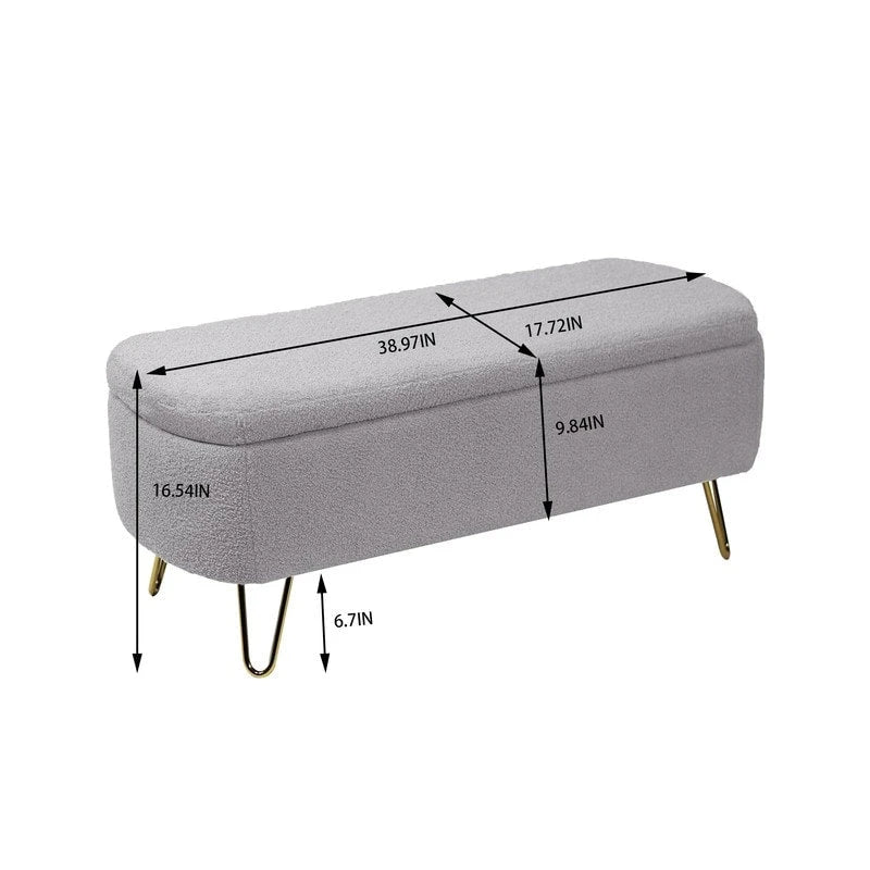 39 Stauraumbank aus weißem Bouclé für Wohn- und Schlafzimmer, Stauraumbank aus Sherpa-Stoff mit Fußablage fürs Schlafzimmer, oval, mit goldenen Beinen