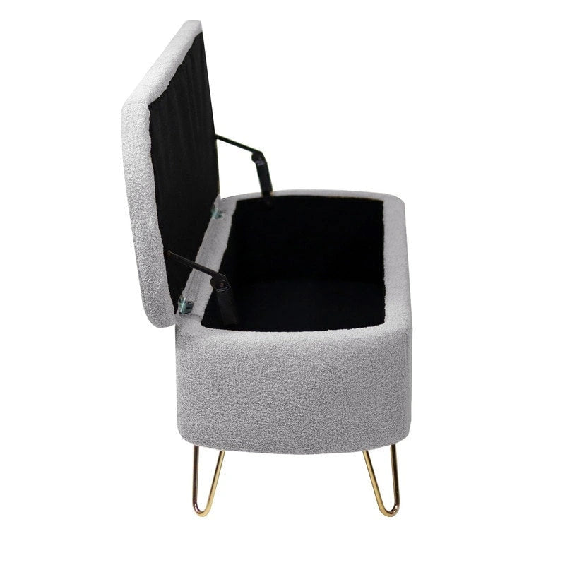 39 Stauraumbank aus weißem Bouclé für Wohn- und Schlafzimmer, Stauraumbank aus Sherpa-Stoff mit Fußablage fürs Schlafzimmer, oval, mit goldenen Beinen