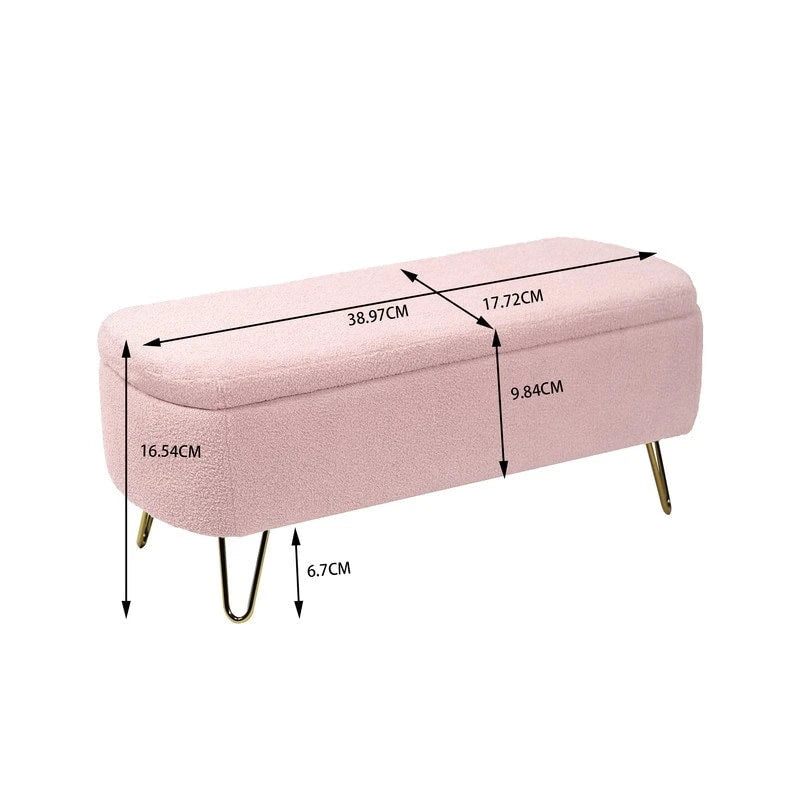 39 Stauraumbank aus weißem Bouclé für Wohn- und Schlafzimmer, Stauraumbank aus Sherpa-Stoff mit Fußablage fürs Schlafzimmer, oval, mit goldenen Beinen
