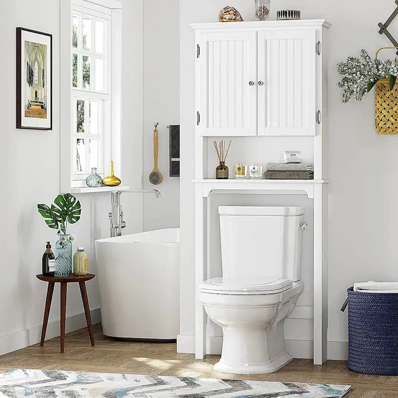 Almacenamiento de baño sobre el inodoro, organizador de baño con estantes ajustables y puertas dobles