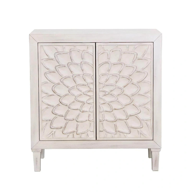 Akzentschrank aus Holz mit 2 Türen und Blumenornamenten, weiß gekalkt im Used-Look