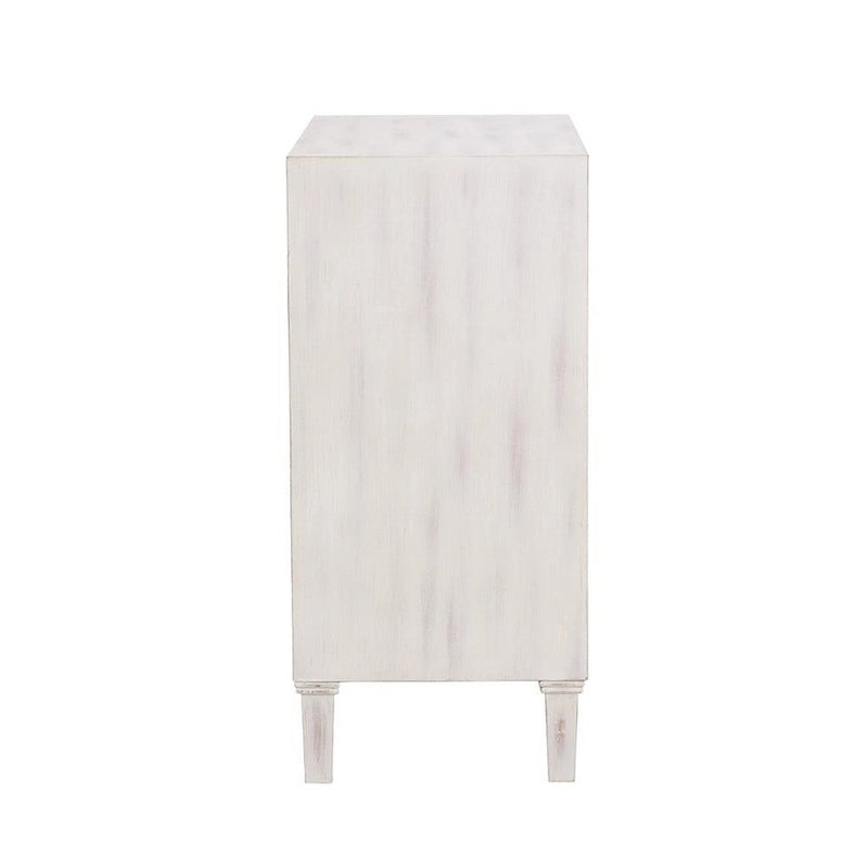 Akzentschrank aus Holz mit 2 Türen und Blumenornamenten, weiß gekalkt im Used-Look