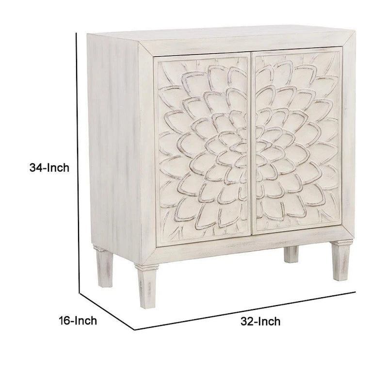 Akzentschrank aus Holz mit 2 Türen und Blumenornamenten, weiß gekalkt im Used-Look