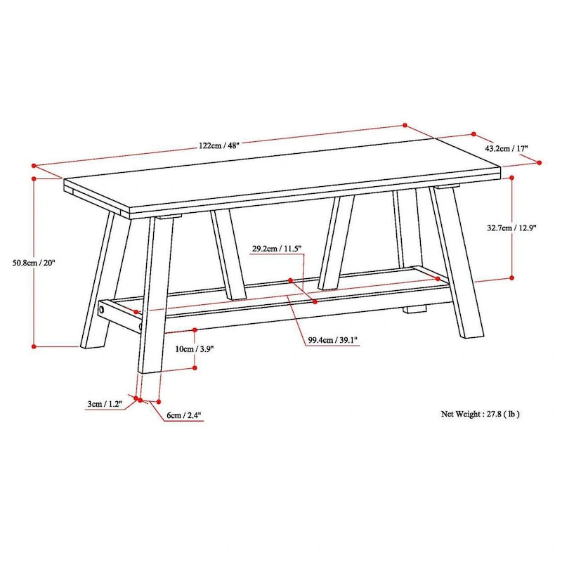 BANCO DE MADERA MACIZA DE 48 PULGADAS DE ANCHO PARA RECIBIDOR, DE ESTILO INDUSTRIAL, COLOR MADERA A LA DERIVA - 48 W x 17 D x 20 H