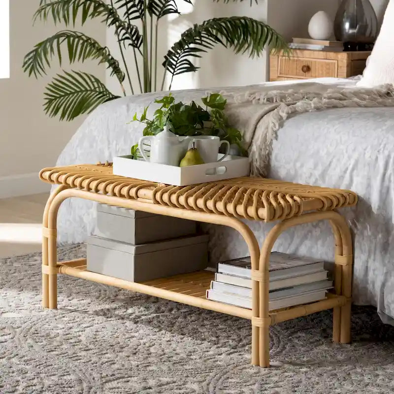 Himari Modern Bohemian Natural Brown Rattan Accent Bench