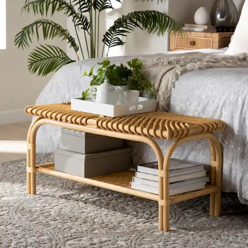 Banc d’appoint bohème moderne en rotin naturel brun