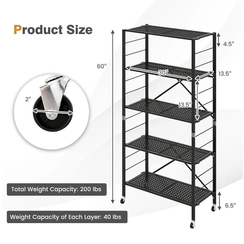 5-stufiges verstellbares Regal mit Rollen für Garage, Küche und Balkon - 30 x 13.5 x 60