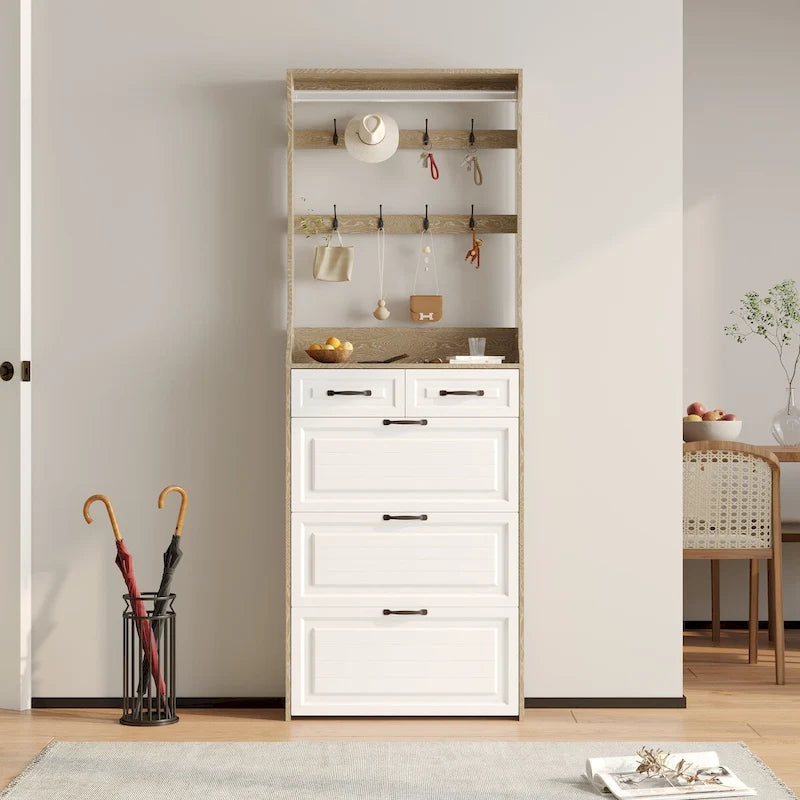 Schuhschrank aus Holz für 24 Paar Schuhe, mit klappbaren Fächern, 2 Schubladen, 3 Kippschubladen und Kleiderbügel