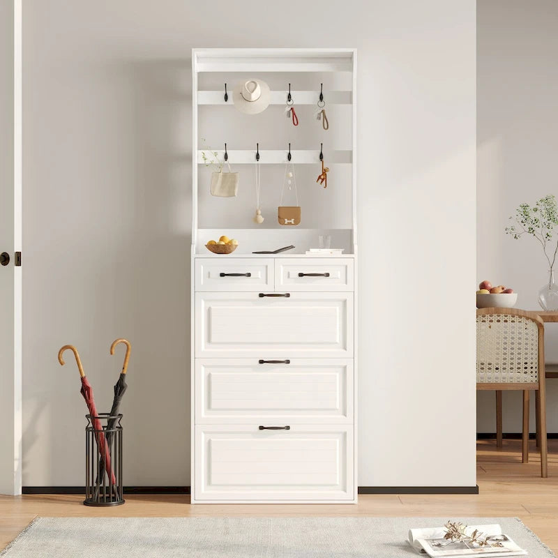 Zapatero de madera con compartimentos plegables para 24 pares, 2 cajones, 3 cajones abatibles y perchero