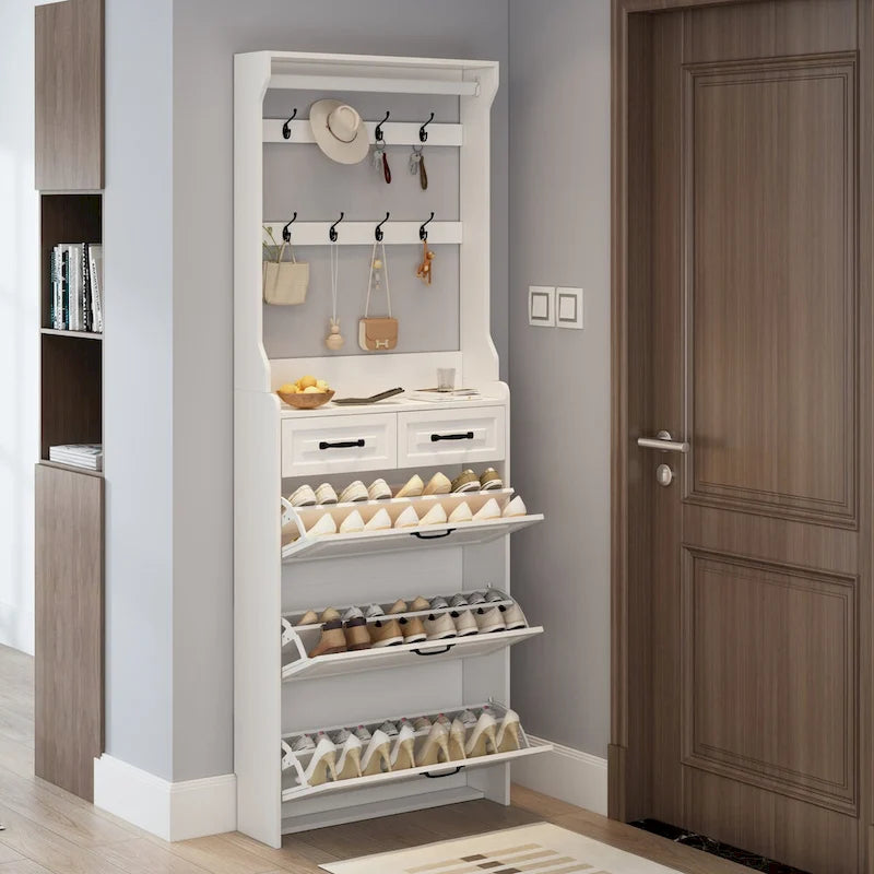 Schuhschrank aus Holz für 24 Paar Schuhe, mit klappbaren Fächern, 2 Schubladen, 3 Kippschubladen und Kleiderbügel