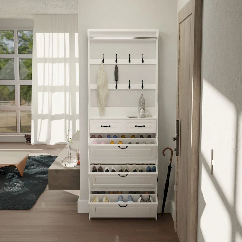 Zapatero de madera con compartimentos plegables para 24 pares, 2 cajones, 3 cajones abatibles y perchero