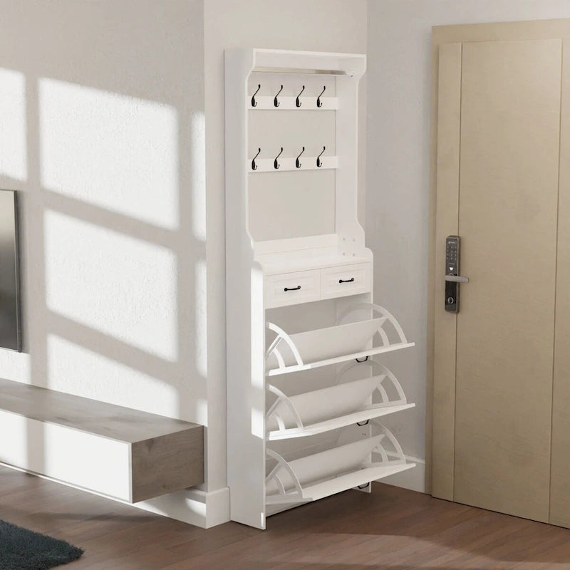 Zapatero de madera con compartimentos plegables para 24 pares, 2 cajones, 3 cajones abatibles y perchero