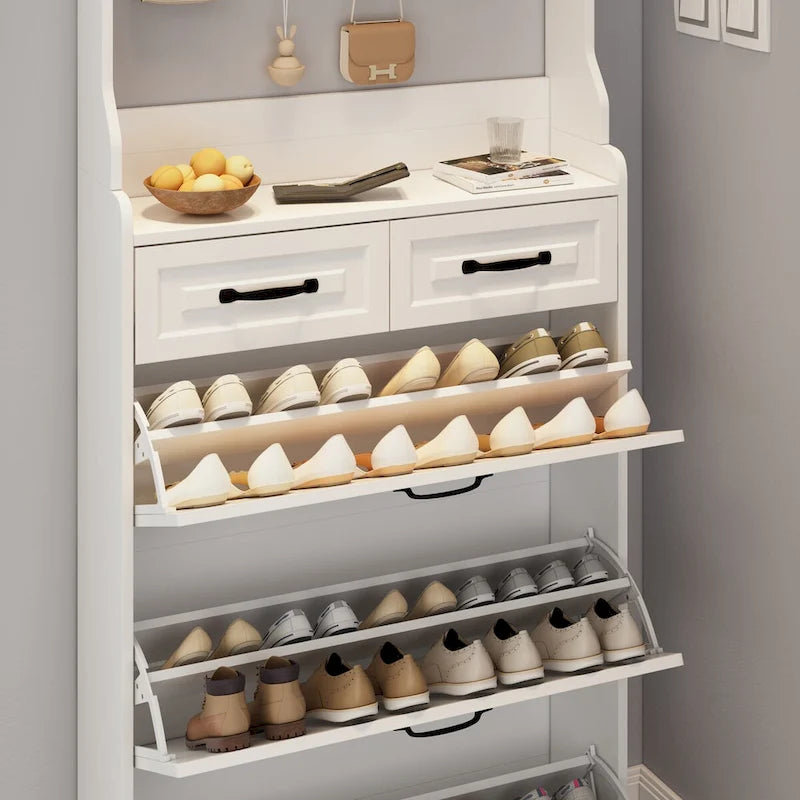Schuhschrank aus Holz für 24 Paar Schuhe, mit klappbaren Fächern, 2 Schubladen, 3 Kippschubladen und Kleiderbügel