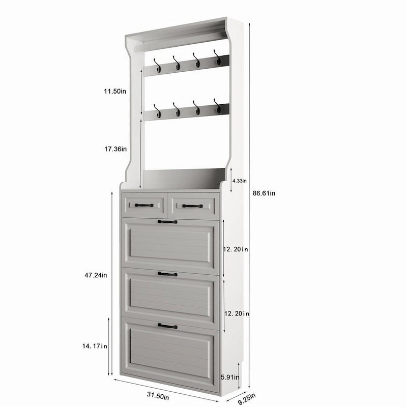 Schuhschrank aus Holz für 24 Paar Schuhe, mit klappbaren Fächern, 2 Schubladen, 3 Kippschubladen und Kleiderbügel