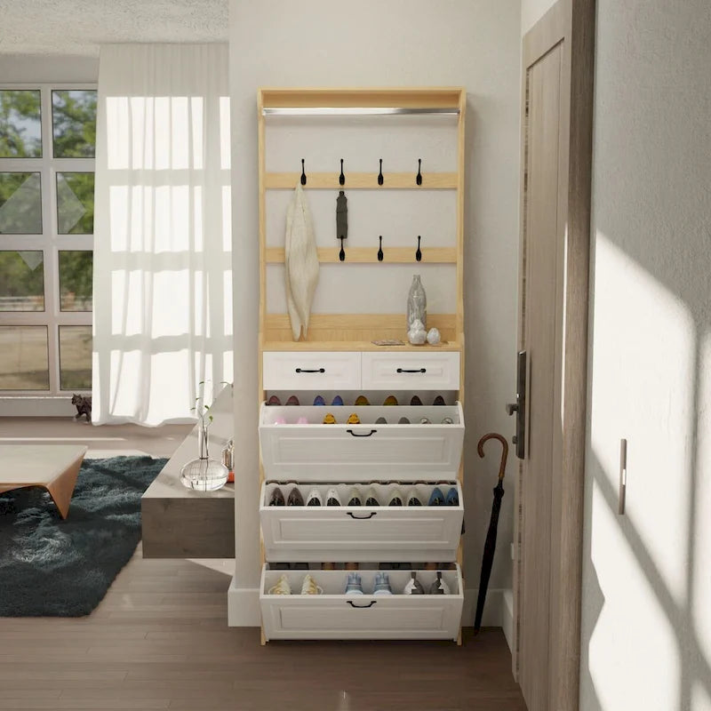 Schuhschrank aus Holz für 24 Paar Schuhe, mit klappbaren Fächern, 2 Schubladen, 3 Kippschubladen und Kleiderbügel