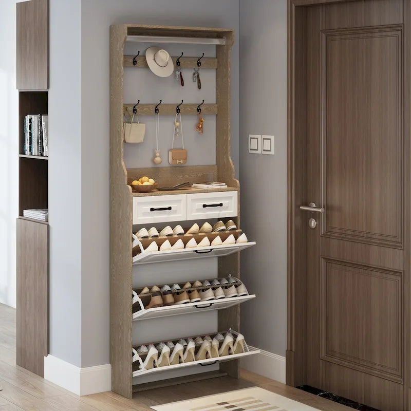 Schuhschrank aus Holz für 24 Paar Schuhe, mit klappbaren Fächern, 2 Schubladen, 3 Kippschubladen und Kleiderbügel