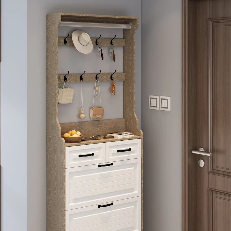 Schuhschrank aus Holz für 24 Paar Schuhe, mit klappbaren Fächern, 2 Schubladen, 3 Kippschubladen und Kleiderbügel