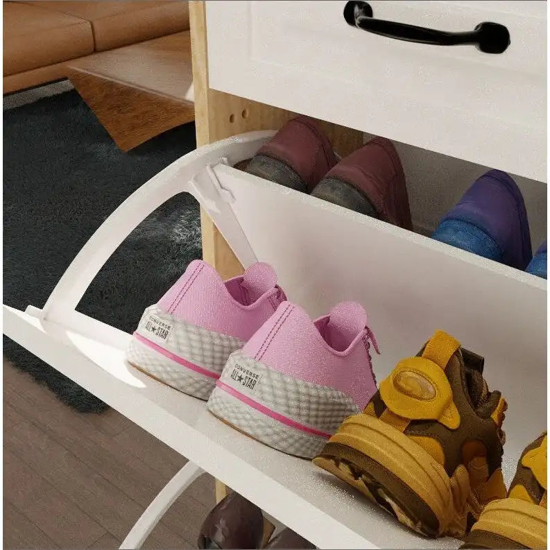 Schuhschrank aus Holz für 24 Paar Schuhe, mit klappbaren Fächern, 2 Schubladen, 3 Kippschubladen und Kleiderbügel