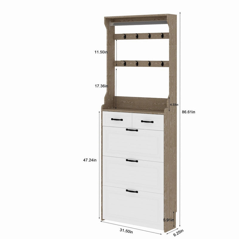 Schuhschrank aus Holz für 24 Paar Schuhe, mit klappbaren Fächern, 2 Schubladen, 3 Kippschubladen und Kleiderbügel