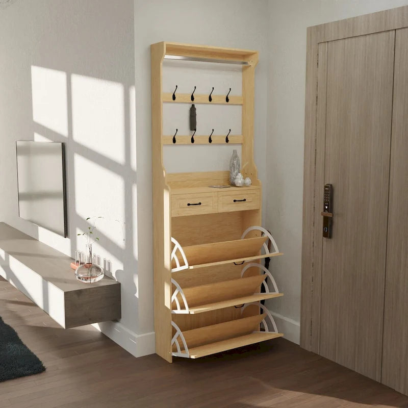 Schuhschrank aus Holz für 24 Paar Schuhe, mit klappbaren Fächern, 2 Schubladen, 3 Kippschubladen und Kleiderbügel