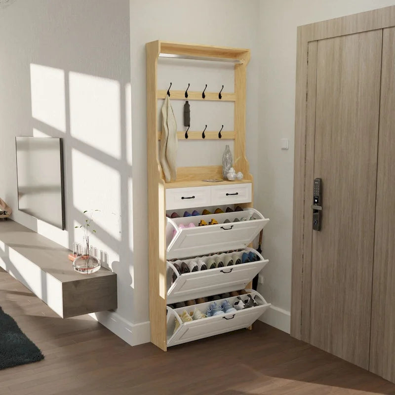 Schuhschrank aus Holz für 24 Paar Schuhe, mit klappbaren Fächern, 2 Schubladen, 3 Kippschubladen und Kleiderbügel