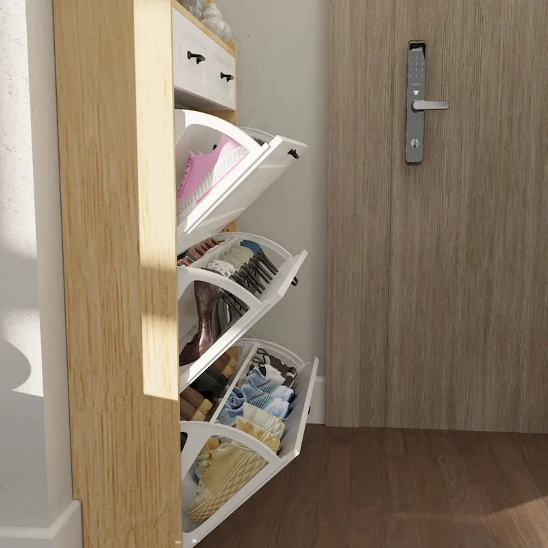 Schuhschrank aus Holz für 24 Paar Schuhe, mit klappbaren Fächern, 2 Schubladen, 3 Kippschubladen und Kleiderbügel